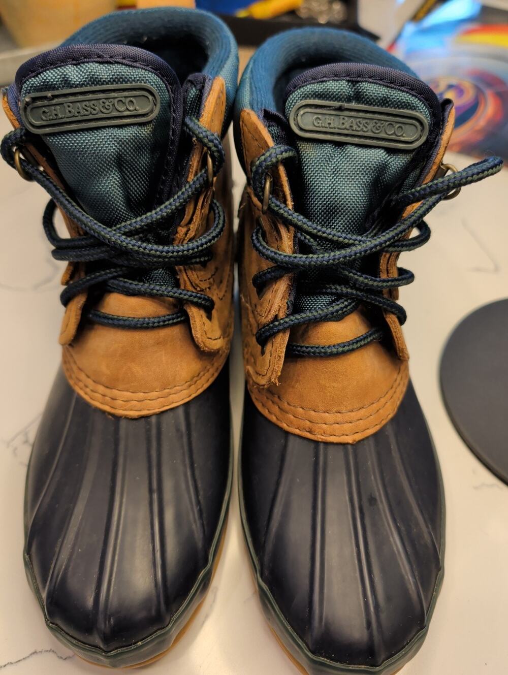 GH Bass Co Superior Mens 8 Duck Boots Navy Brown Leather Fleece GHFM2511-200